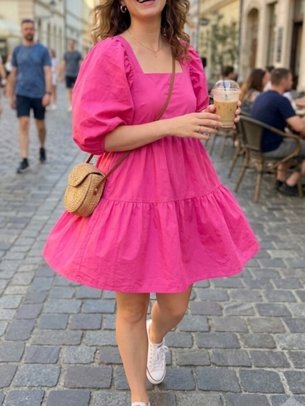 A New Day Brand.. Square-Neck Puff-Sleeve Mini Dress in Vibrant Pink